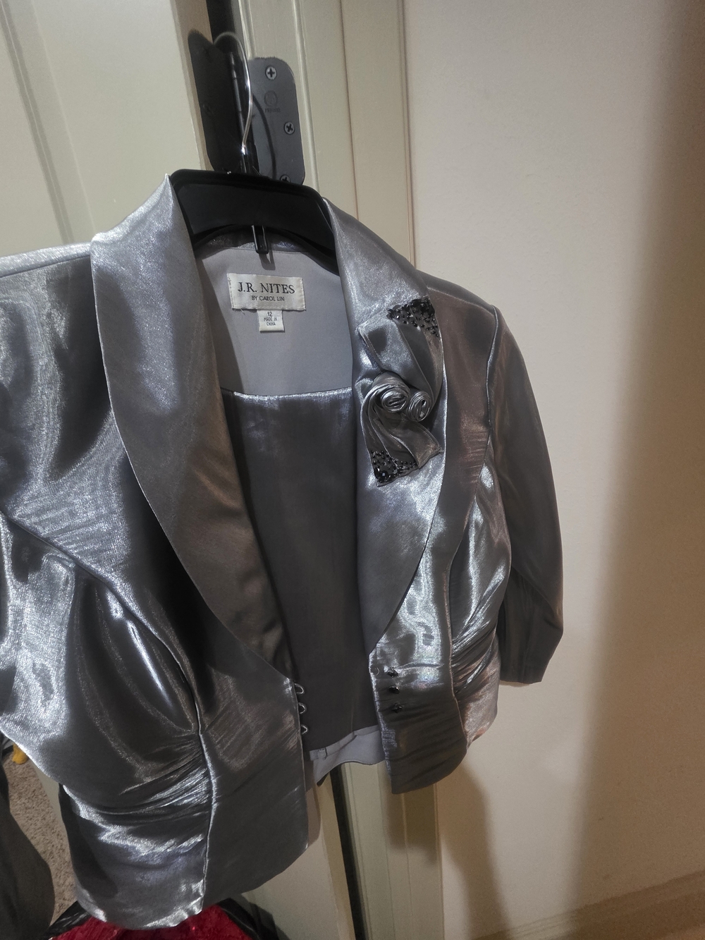 J.R. Nites Silver Satin Short Sleeve Jacket Blouse